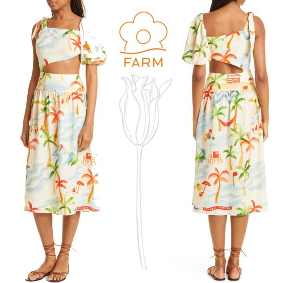 FARM Rio Dresses & Skirts - FARM RIO Copacabana Asymmetric Sleeve Side Cutout Linen Blend Dress
